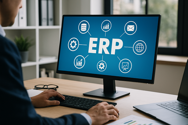 Bureau moderne avec écrans affichant des graphiques et données, illustrant l’usage d’un logiciel ERP