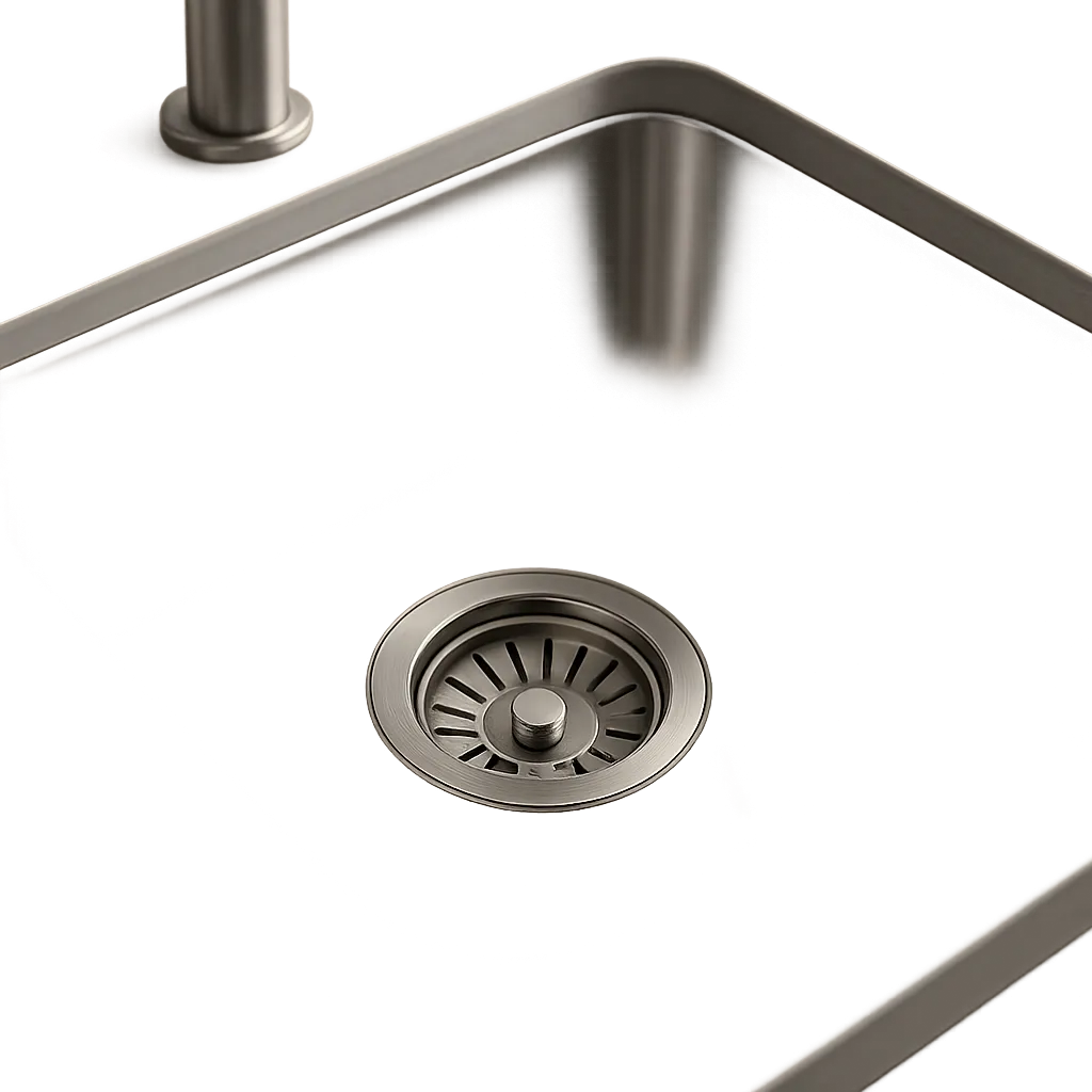 Illustration d’une crépine en inox installée au fond d’un évier de cuisine. L’image met en avant un usage propre, pratique et durable contre les bouchons et les odeurs.