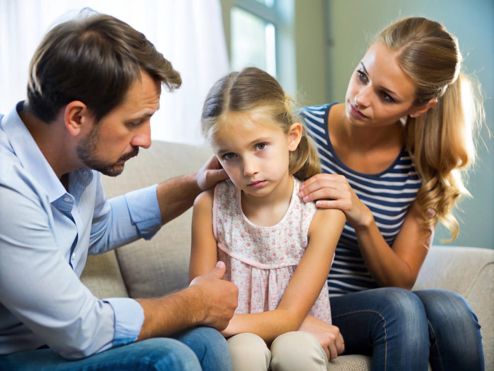 Parents séparés entourant leur petite fille triste sur un canapé, abordant le sujet de la garde des enfants