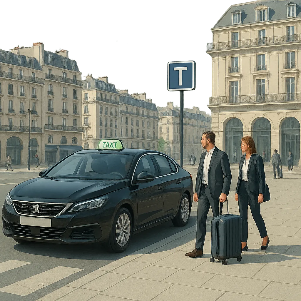 Illustration d’un point de prise en charge taxi à la Gare Montparnasse avec des voyageurs et leurs bagages. L’image évoque une réservation simple, rapide et une sortie de gare sereine.